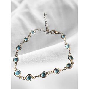 Delicate Blue Topaz Bezel Set Silver Bracelet 7" Adjustable
